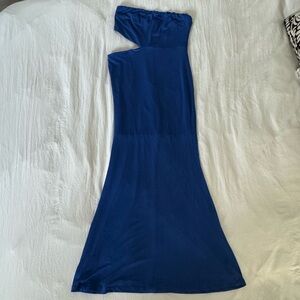 Blue strapless maxi dress with side cut out
